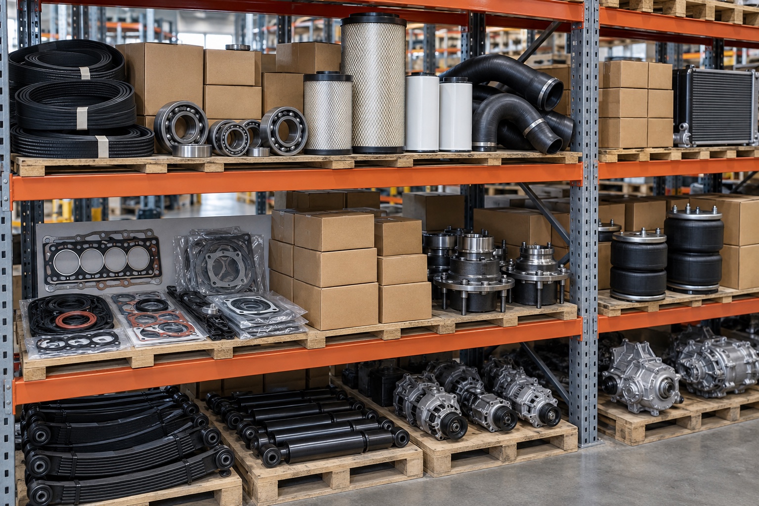 Organized technical components on an industrial shelf