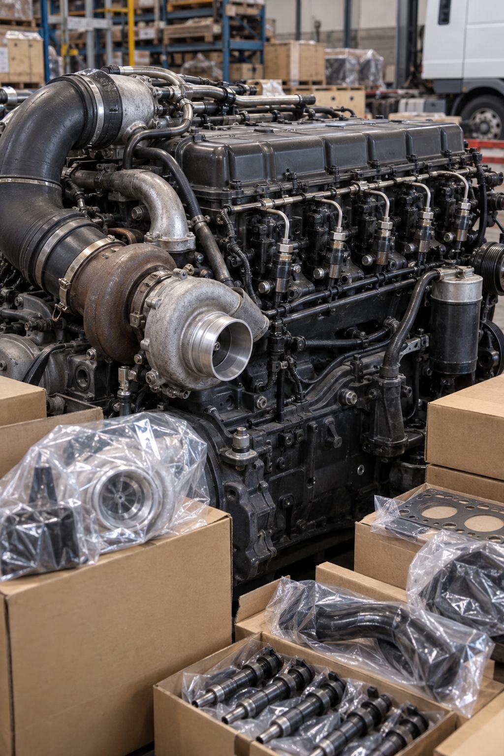 Close-up detail of a heavy diesel engine assembly